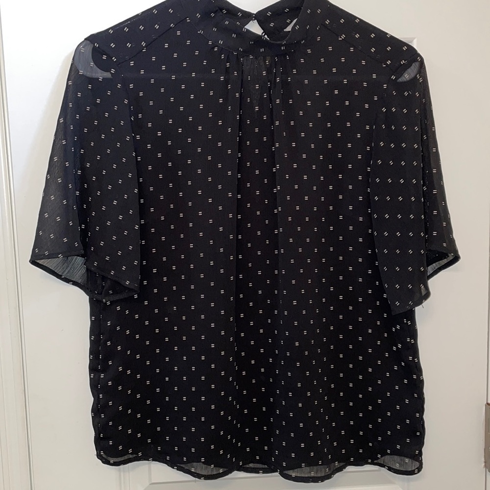 H&M Black Sheer Short-Sleeve Blouse with Tiny Cream Dot Print
